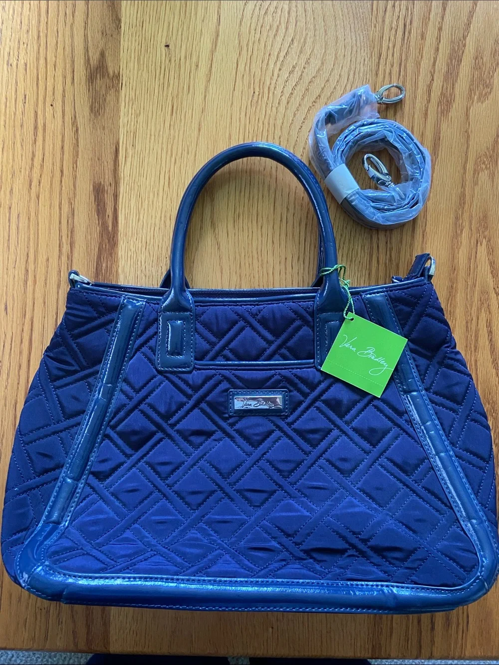 Vera Bradley Classic Navy Microfiber Trimmed Trapeze Satchel & Detachable Strap
